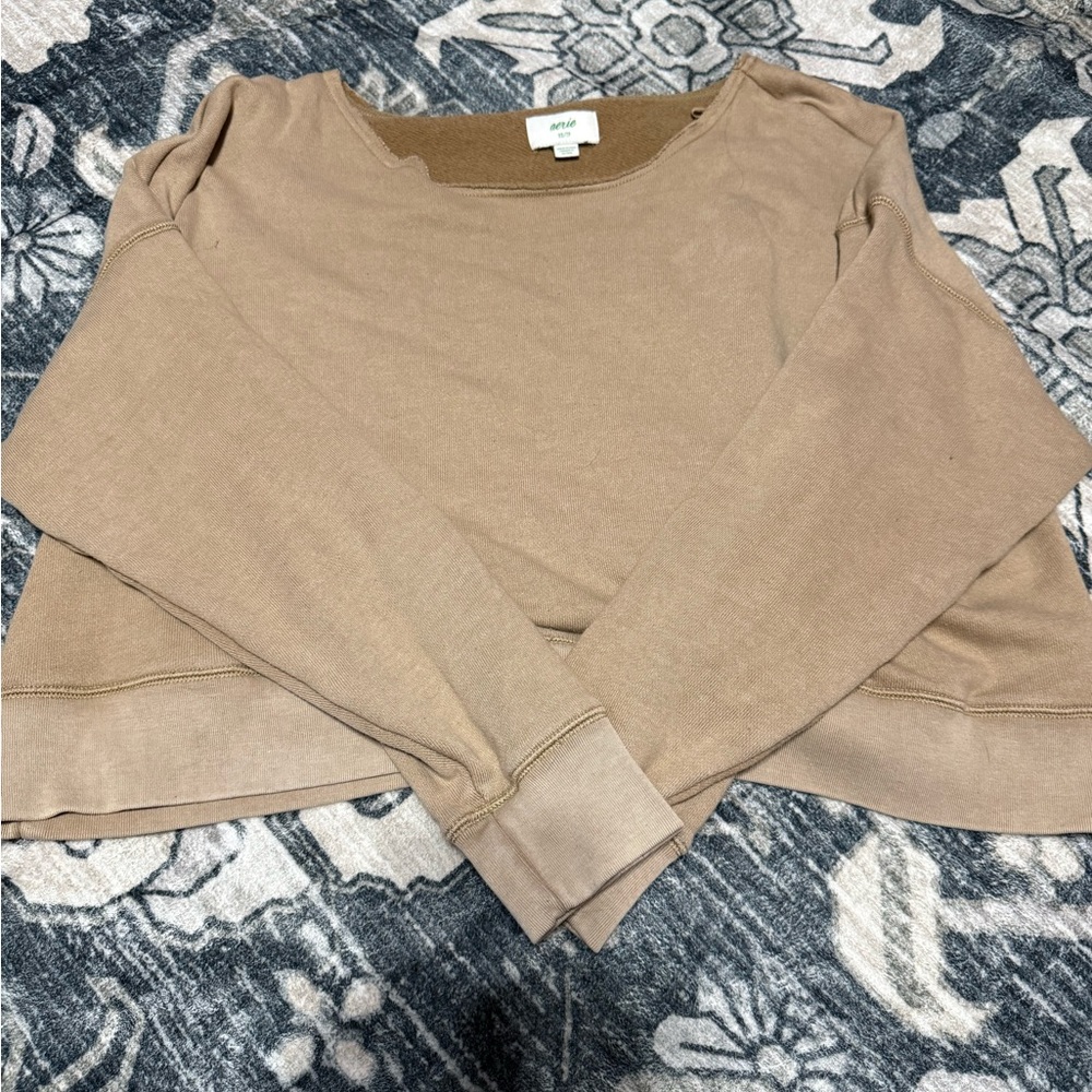 Aerie Beige Long Sleeve off the shoulder oversized sweatshirt